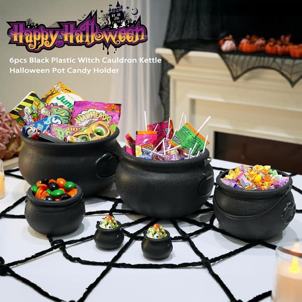 Halloween Decorations - 6 in 1 Pack Large Black Plastic Witch Cauldron - Cauldron Candy Bowl - Trick or Treat-yux