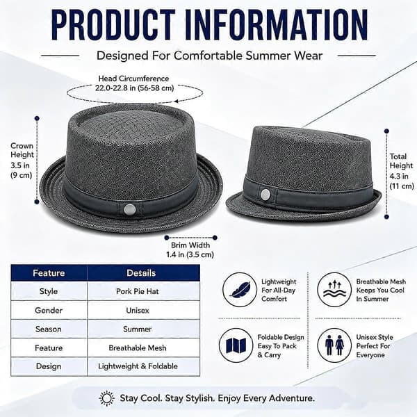 Unisex åndbar mesh Pork Pie-hat, blød og absorberende, let foldbar stråsolhat, til strandrejser udendørs