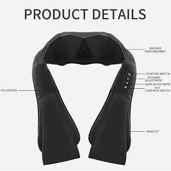 2025 Nakke- & Ryg Shiatsu Massager med Varme til Hjemmekontor & Bilbrug - Elektrisk Massagepude 3D Æltning til Muskel Smertelindring Black US plug