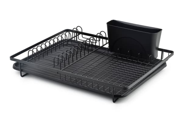 BASIC KITCHEN Oppvaskstativ i svart metall 44x13,5x33 cm med skjærebrett