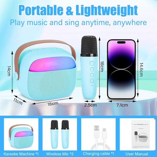 Karaokemaskin for barn med 2 trådløse mikrofoner, bærbart KTV-system med Bluetooth, høyttaler med stemmeforvrengningseffekter og LED-lys Blue
