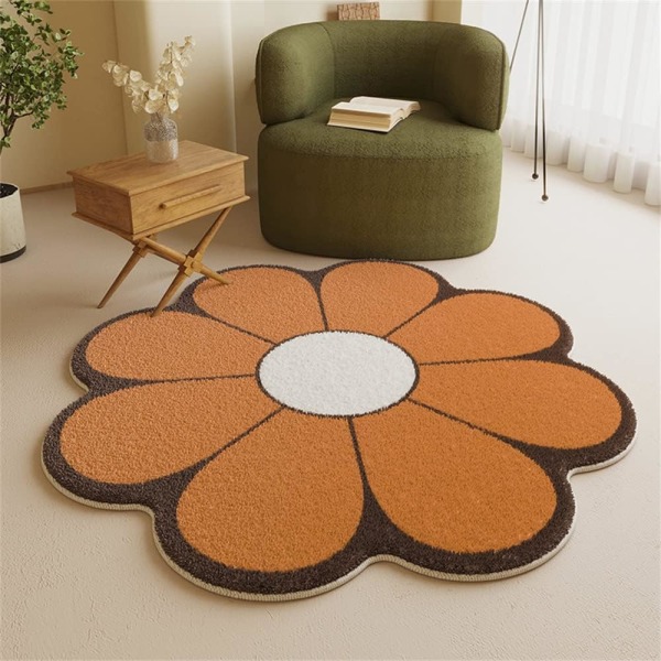 Mjuk fluffig blommatta för barnrum, kronbladsformad lurvig matta, halkfri rund nordisk dekormatta för sovrum, vardagsrum (60 cm, orange)