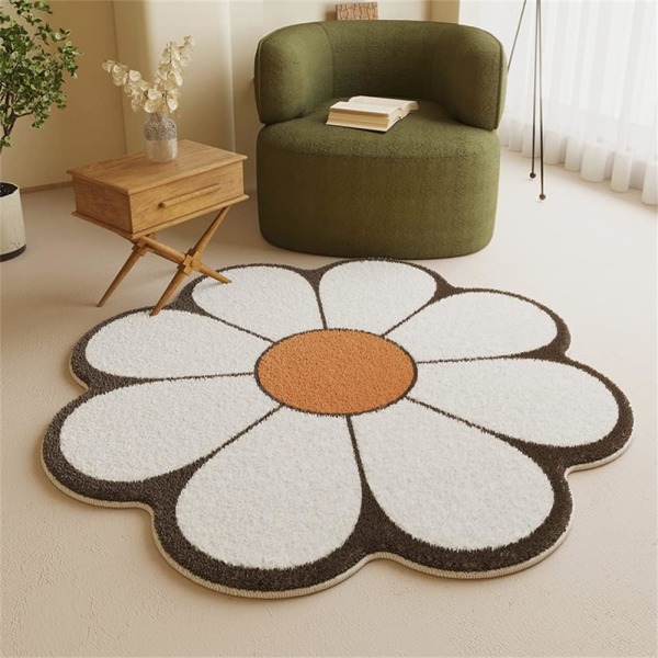 Mjuk fluffig blommatta för barnrum, kronbladsformad lurvig matta, halkfri rund nordisk dekormatta för sovrum, vardagsrum (80 cm, vit)
