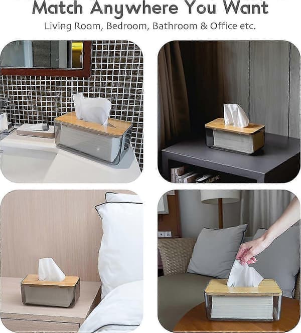 Minimalistisk Tissueboks Cover Holder, Moderne Transparent Rektangulær Bambus Ansigtserviet Dispenser til Badeværelse, Soveværelse, Stue