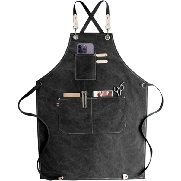 Chef Apron, Waterdrop Resistant Cotton Canvas Cross Back Adjustable Apron Canvas apron milk tea shop barista men and women beauty salon apron black