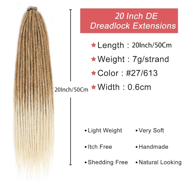 50 cm 10 Slingor/Förpackning Syntetiska Dreadlocks Förlängningar Dubbeländade Tunna 0,6 cm Virkad Flätning Hår Mjuka Dreads Reggae Hip-Hop Hippie Stil A