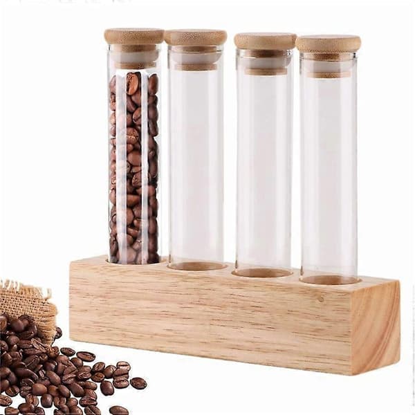 Kaffebönsdisplayställ i trä med 4 klara glasrör för förvaring på café- och bardiskar