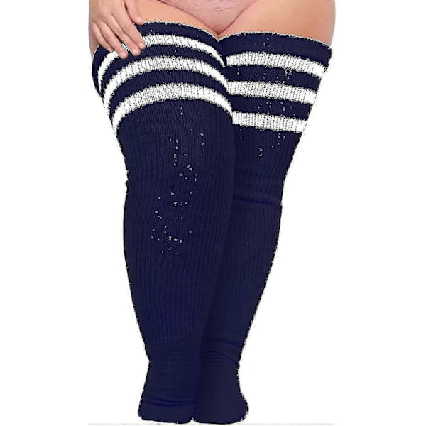 Plus Size Dame Lårstrømper til Tykke Lår - Ekstra Lange Stribede Tykke Over Navy vit