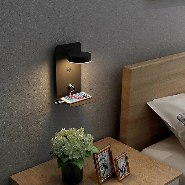 Vägglampa för läsning med USB-laddningshylla, nattlampa med strömbrytare - Svart
