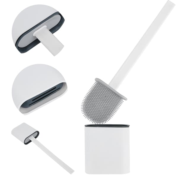 Wall-Mounted Deep Cleaning Toilet Brush with Long Handle and Quick-Drying Holder Set White