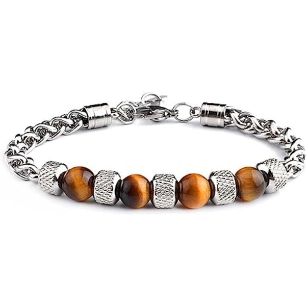 Women Men Charm 8MM Natural Stone Strand Bracelets Stainless Steel Link Chain Bangles Tiger eye Beaded Yoga Bracelet Male Jewelry Gifts