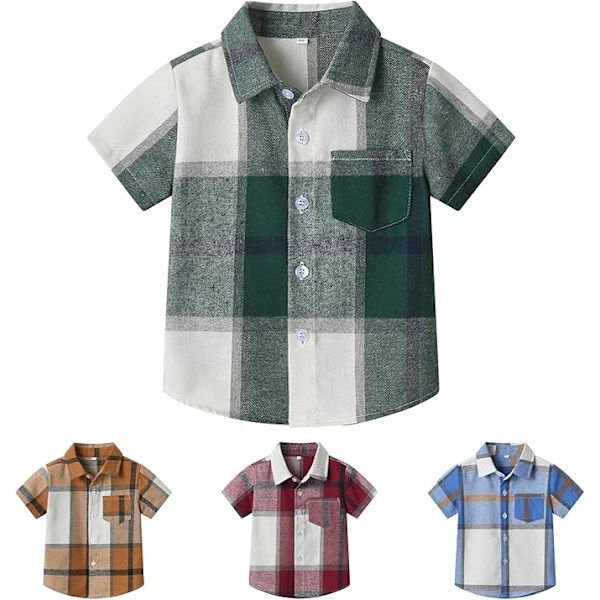 Rutete skjorte med korte ermer for gutter, barneskjorter med knapper, rutete sommerklær for 1-8 år Green 6-7Y