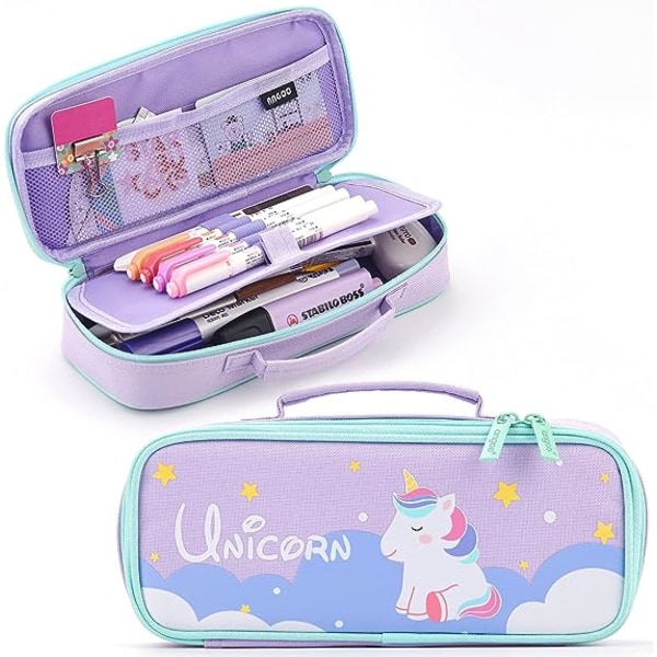 Söt case Unicorn pennfodral Medium kapacitet Bärbar multifunktions pennväska med fack för flickor Barn Tonåring-lila