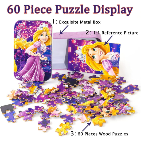 Disney Princess Pussel i en metalllåda 60-bitars Rapunzel pussel för barn i åldrarna 4-8 Barn som lär sig pedagogiska pussel Leksaker
