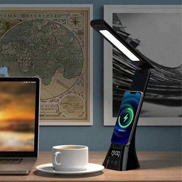 Genopladelig Skrivebordslampe Øjenbeskyttende Skrivebordslampe med LCD-display Foldbar Arm Øjenbeskyttende Bordlamper Hvid