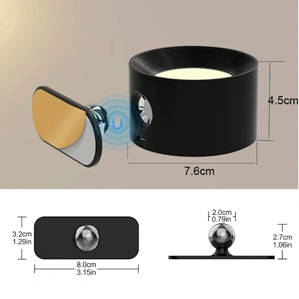 Væglampe LED Væglampe Genopladelig Batteri Væglampe med 3 Farvetilstande 3 Lysstyrkeniveauer, 360° Roterende Magnetisk Kugle Touch Kontrol, Indendørs W White