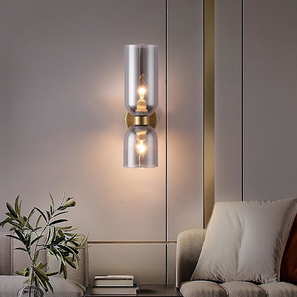 Vegglampe i glass, vegglampe i messing, vegglampe opp og ned, vegglampe i kobber