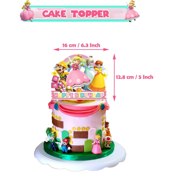 Fødselsdagsfestutstyr for prinsesse Peach, bursdagsbannere - kake- og cupcake-toppere - 16 lateksballonger til prinsesse Peach-festdekorasjoner