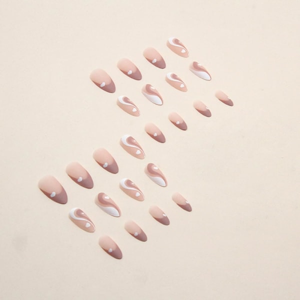 Tryck på naglar medellånga med vitt hjärta frostat krusningsdesign Rosa franska falska naglar Mandel akryl Press på naglar heltäckande cover 24 st