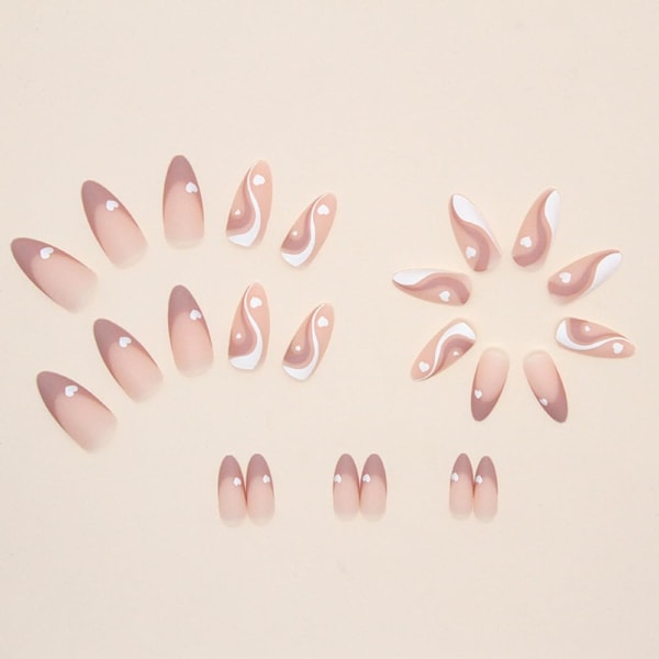 Tryck på naglar medellånga med vitt hjärta frostat krusningsdesign Rosa franska falska naglar Mandel akryl Press på naglar heltäckande cover 24 st
