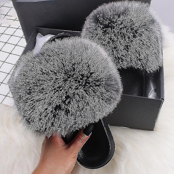 Sommer Pels Slippers Fluffy Søde Plys Damer Flip Flops Luksus Charmerende Sandaler Xnr137 44
