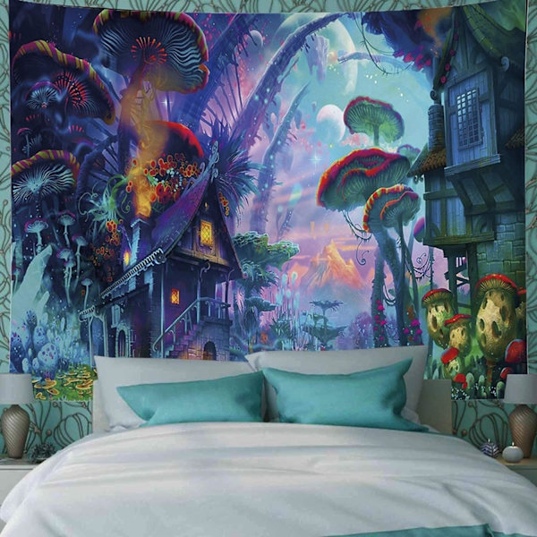 Trippy Forest Tapestry Väggbonad Svampsby Tapestry Magisk Värld Tapestry Hippie Tapestry Väggdekor för Sovrum (150x200cm)