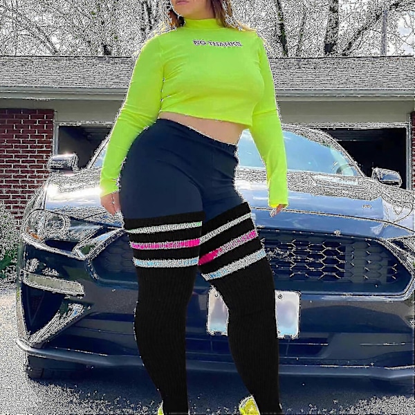 Plus Size Dame Lårstrømper til Tykke Lår - Ekstra Lange Stribede Tykke Over Svart Grön Rosa Blå