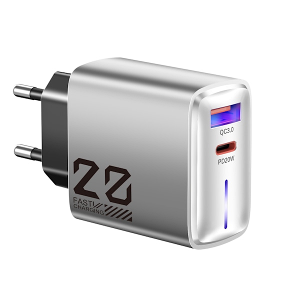 20W Type-C oplader med lys mini opladerhoved PD+USB metal grå hurtig opladning