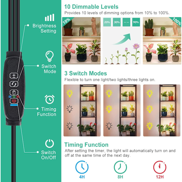 Växtlampa, 405 LED-lampor Fullspektrum Små Växtlampor, Växtlampa med 4/8/12H Timer, 3 Ljuslägen, Växtlampremsa för Plantor
