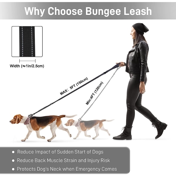 Heavy Duty Hundkoppel 4-5FT taktiskt justerbar Bungee Power Stretch koppel Hundar upp till 160lbs Reflekterande starkt hundkoppel med bilbälte (svart)