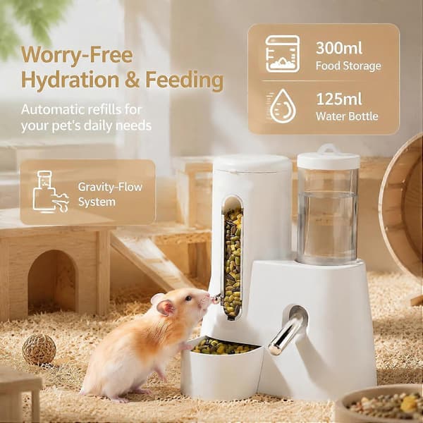2-i-1 Hamster-vandflaske og automatisk foderautomat, 125 ml drypfri drikkefontæne med 300 ml foderdispenser, lækagesikker, automatisk foderdispenser til hamster