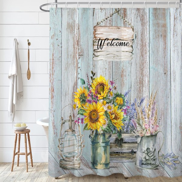 Rustic Farmhouse Shower Curtain,Sunflower Floral Shower Curtains Sets ,Retro Country Teal Waterproof Fabric Stall Bath Curtain with 12 Hooks 72x72in