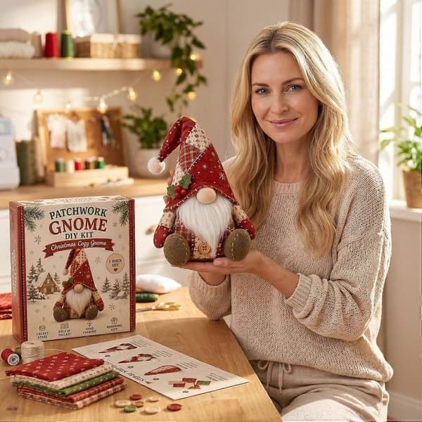 DIY-sy-sett til jul, materialpakke for patchwork-nisse, avslappende håndarbeidssett for julepynt k8