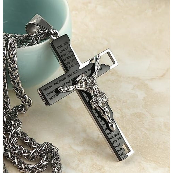 Rostfritt stål korskrucifix bibelbönehängande halsband 22+2" kedja