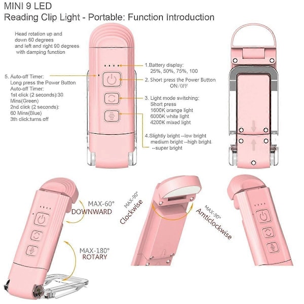 USB Bokklype Lys Sammenleggbar Leselys Student Øyebeskyttelse Lys Skrivebordslampe Kortlys Nattleselys Rosa