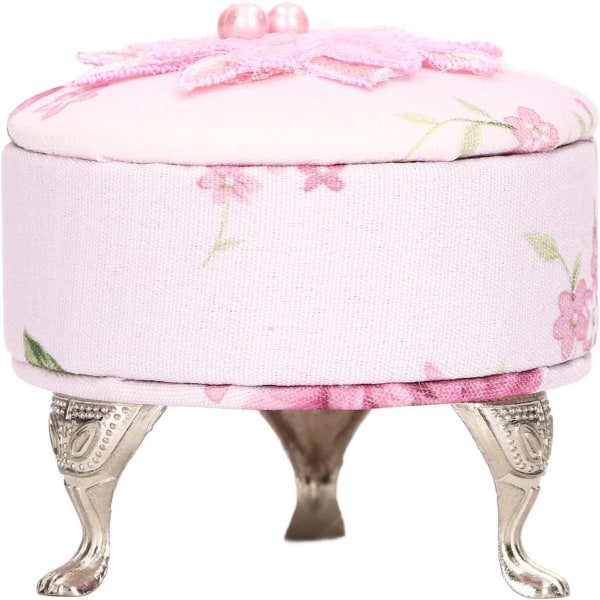 Dollhouse Mini Stool Furniture Soft Cloth Openable Cover Lace Flower Jewelry Storage Box Pink, Doll House Miniature Furniture Dollhouse Accessories