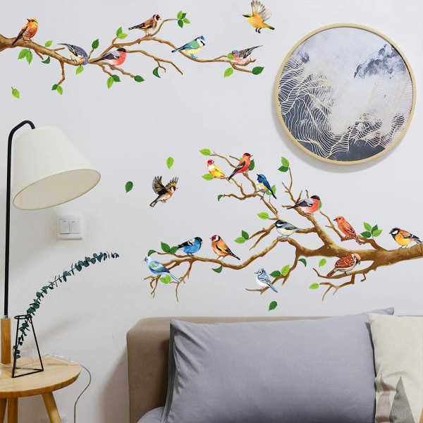 Hummingbird on The Tree Branch Väggdekal, gröna blad och flygande fågel DIY-konst Vinylväggdekor, självhäftande väggdekoration