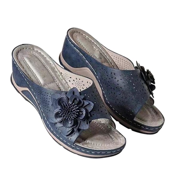Plus Size Sandaler för Kvinnor, Vävda Blommiga Kila-tofflor för Inomhus och Utomhus Blue 42