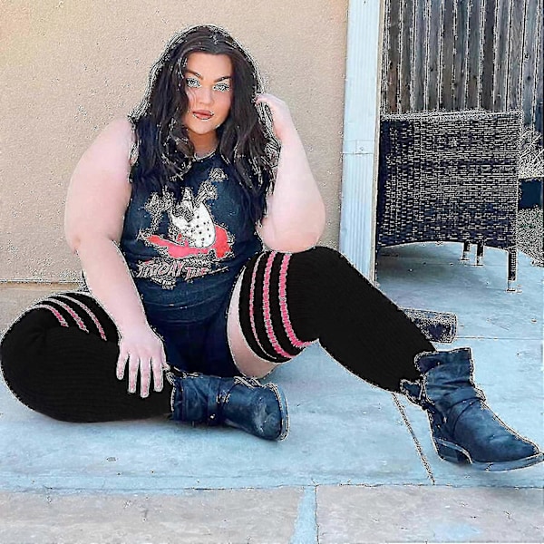 Plus Size Dame Lårstrømper til Tykke Lår - Ekstra Lange Stribede Tykke Over Svart rosa