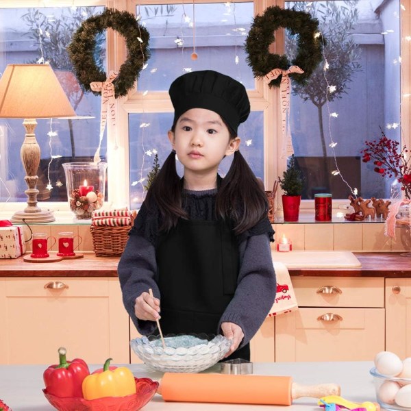 Barnförkläde och kockmössa Set, Justerbart förkläde för barn med 2 fickor Söta pojkar Flickor Köksförkläde för matlagning, bakning, målning (2-5 år, svart)