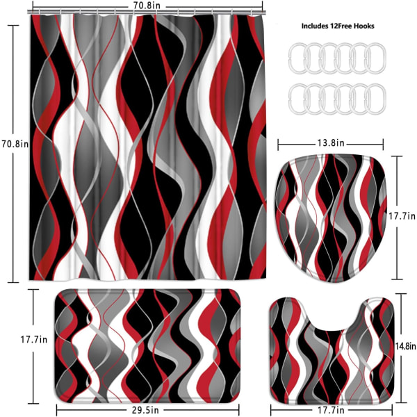 4 kpl punainen ja musta raidallinen suihkuverhosetti matoilla ja wc-kannen suojuksella harmaa ja valkoinen kylpyhuonesetti punainen moderni kodin kylpyhuoneen sisustus