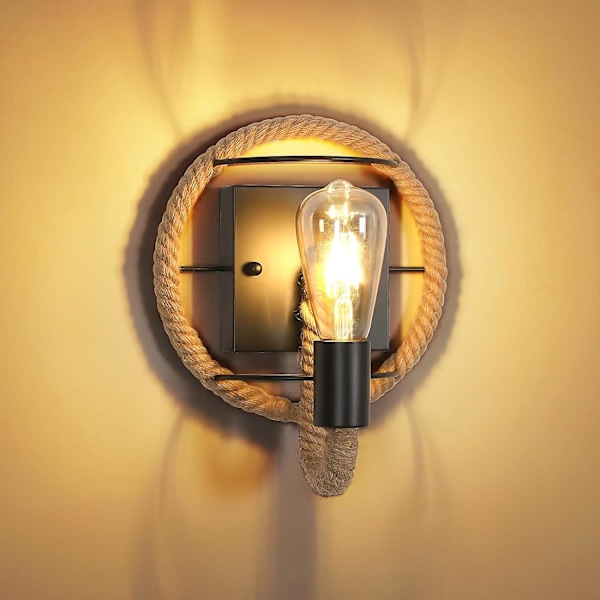Vintage Industriell Vägglampa, Retro Inomhusvägglampa Järn Hampa Rep Formlampa, E27 Basuttag Vägglampa för Barer, Loft, Restauranger, Längd 26cm (