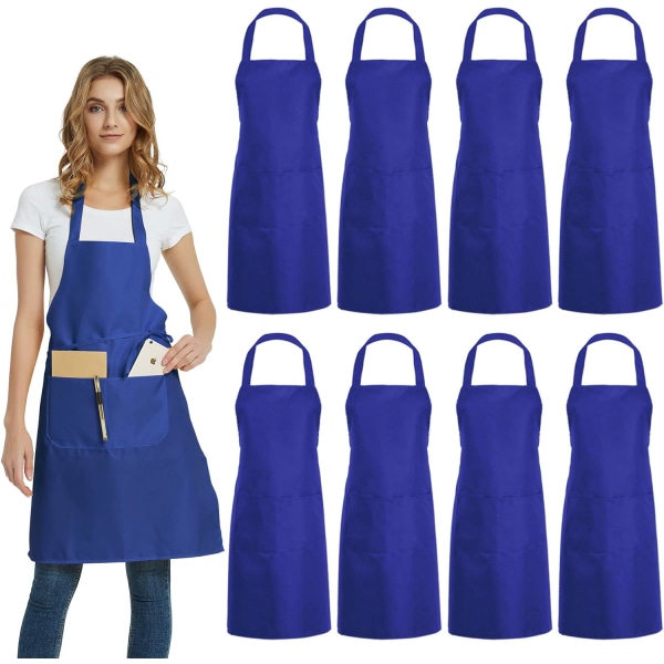 8-pack haklappsförkläden Bulk - Unisex kommersiellt förkläde med 2 fickor för kökspyssel BBQ Ritning Matlagning Blå