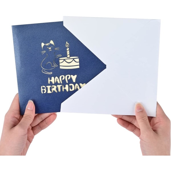 Pop Up kattfödelsedagskort, 3D-födelsedagstårtakort med söt kattdesign, rolig födelsedagspresent, handgjort kort för män Kvinnor Hustru Make Barn Vänner-blå