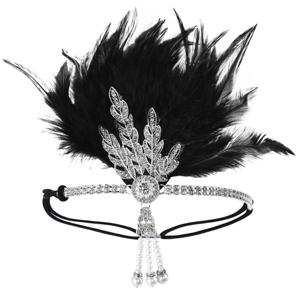 1920-talsklafffjäderpannband Art Deco Great Gatsby ，Headpiece Inspired Leaf Medallion Pearl Pannband för kvinnor och flickor (svart silver)