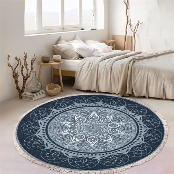 Cotton Woven Round Rug, Bohemian Mandala Rug with Fringes, Non-Slip Living Room Bedroom Rug (60 cm,Green 2)