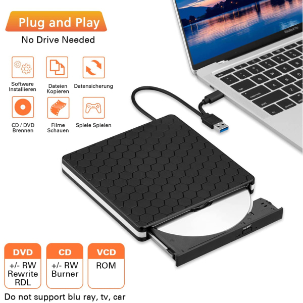 Extern DVD-enhet, USB 3.0 Type-C CD DVD +/-RW Optisk enhet USB C-brännare Bärbar kompatibel med PC Laptop Stationär MacBook