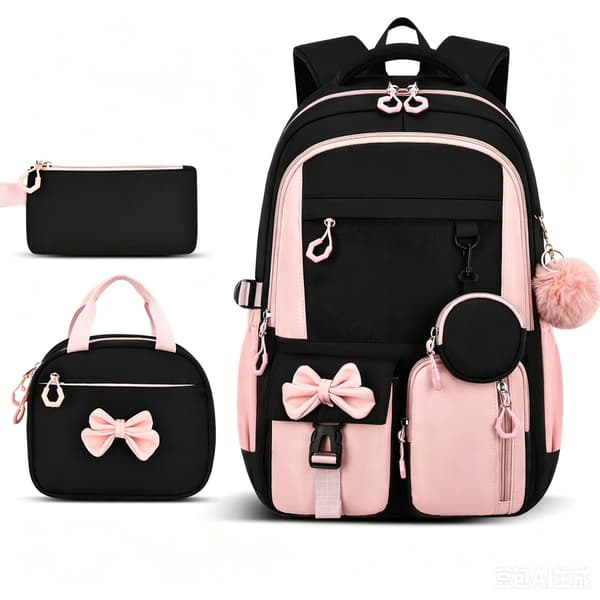 Backpack for Primary and Secondary School Students, Simple Three-Piece Set Black Pink