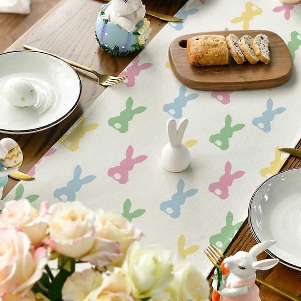 Green Pink Rabbit Easter Table Runner 13x72 Inch, Spring Kitchen Dining Room Decor for Home Party Decoration