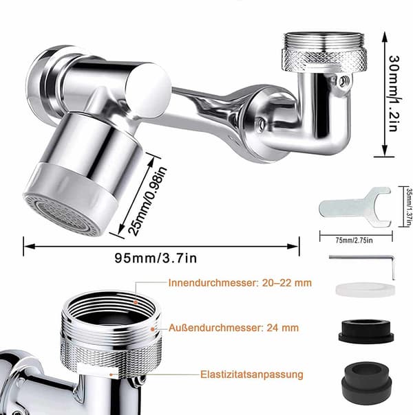 Forlengelseskran – Roterbar 1080° | Multifunksjonell dyse med 2 moduser Aluminium silver